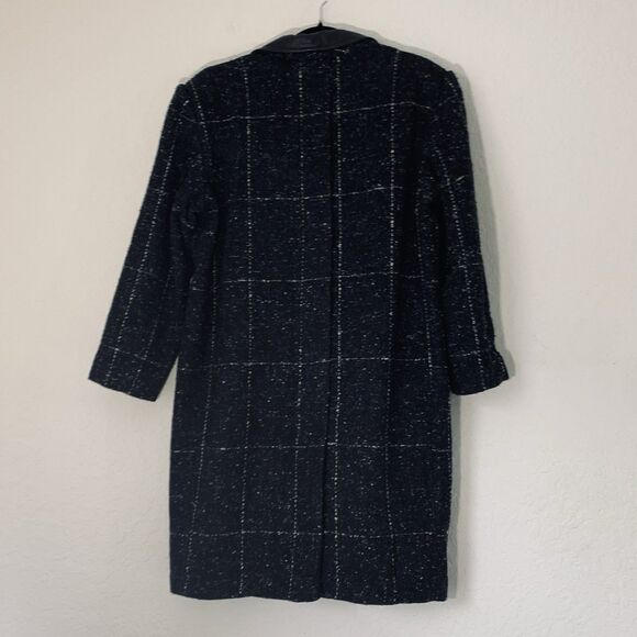 Vintage 80s Women L/XL* Coat Black Tweed Speckled Wool Leather Button Mod Gogo - Picture 2 of 15